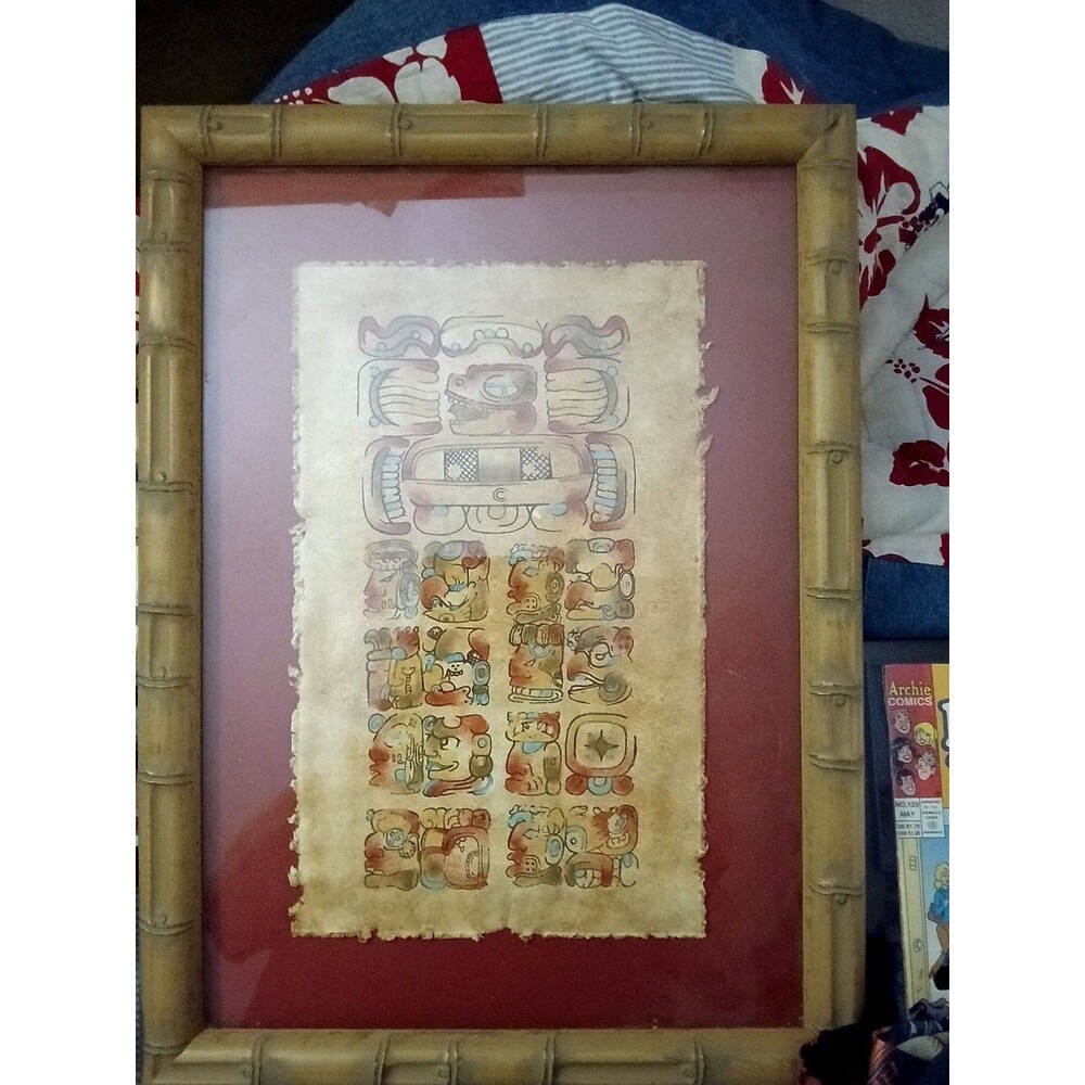 Framed Mayan Hieroglyph Codex-Style Painting on Handmade Amate Bark Paper, Faux